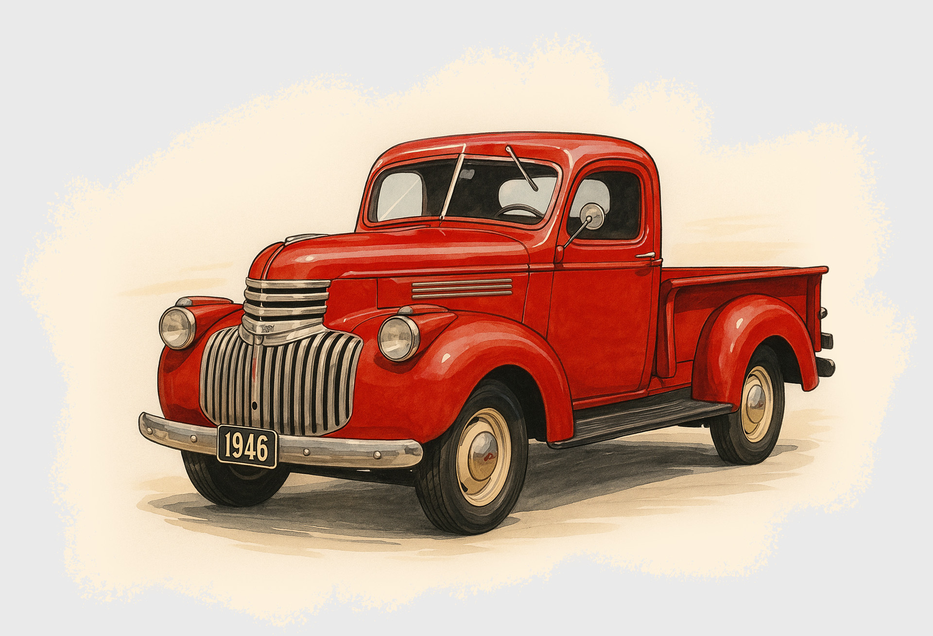 illustration of a red, 1946 chevrolet pickup truck